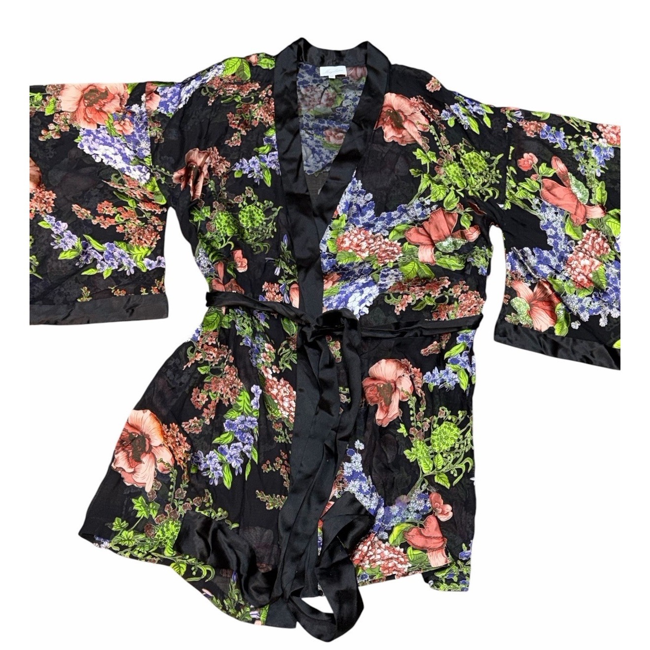 Marjolaine Silk Blend Floral Kimono Robe Womens Size 44 Black Tie Waist Luxury